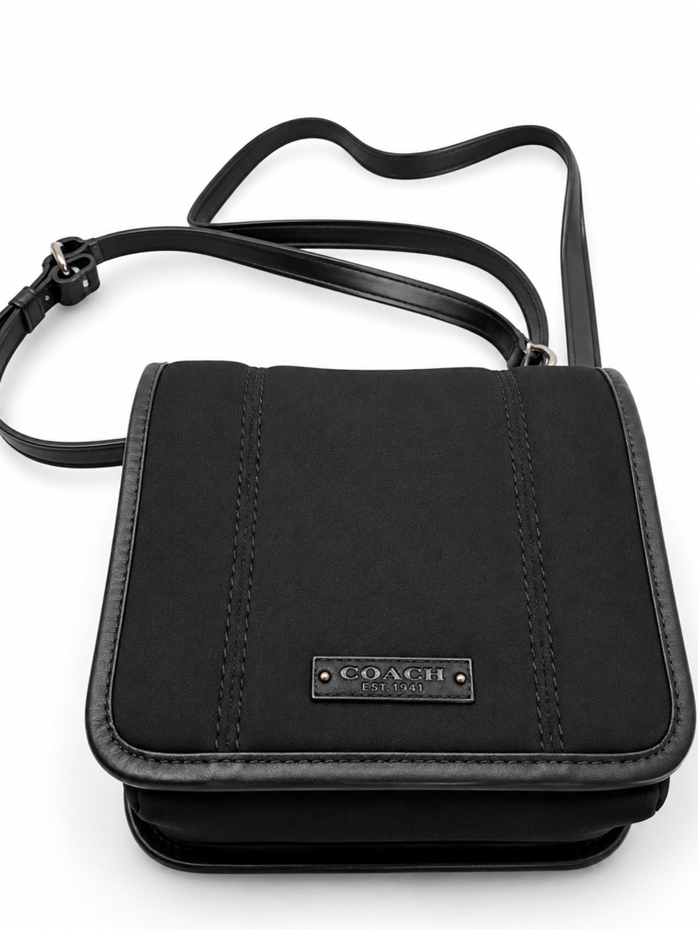 Coach Black Neoprene Scuba Crossbody Bag | Leather Trim | Adjustable Strap